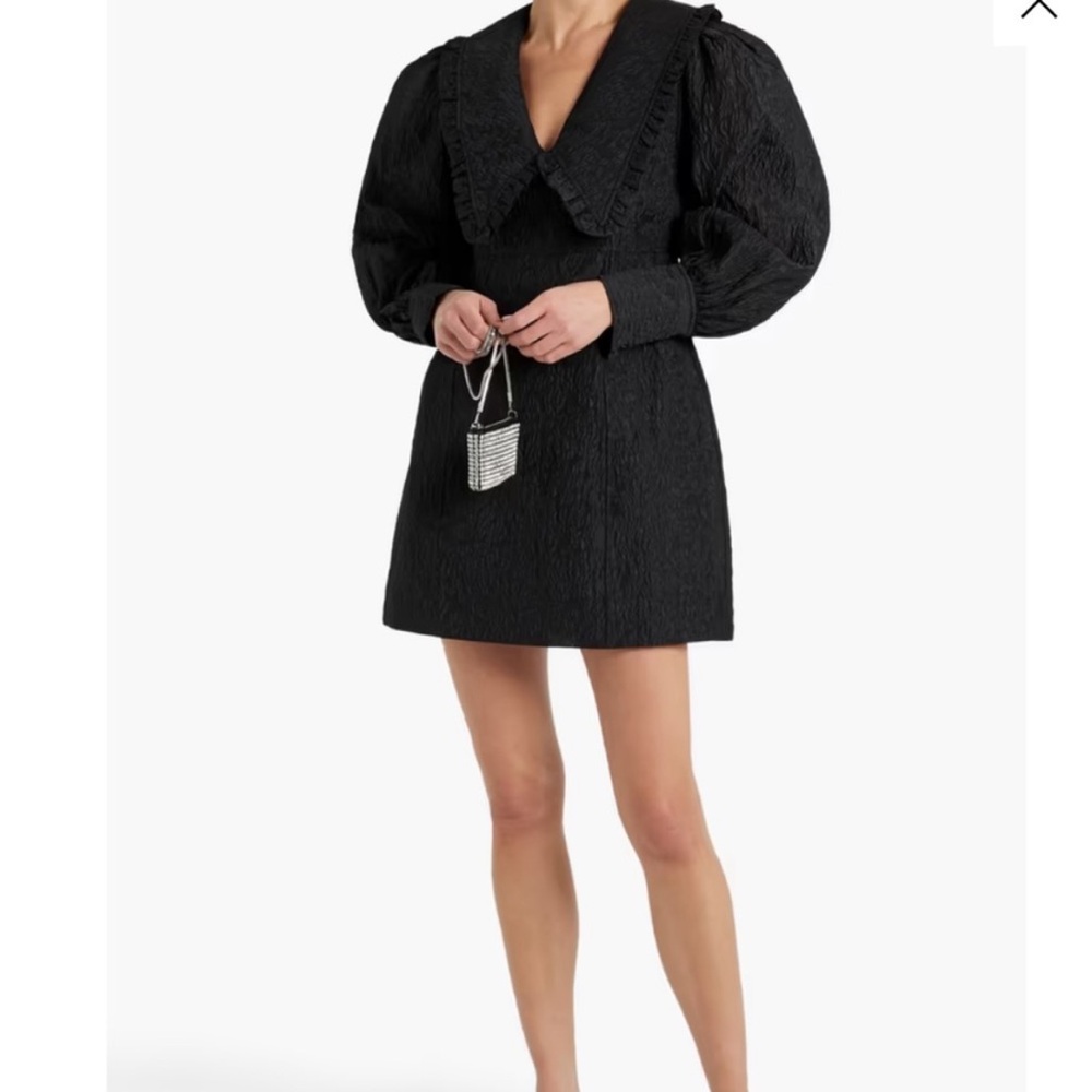 Ganni Ruffled Collar Black Long Sleeve Mini Dress - Picture 2 of 6
